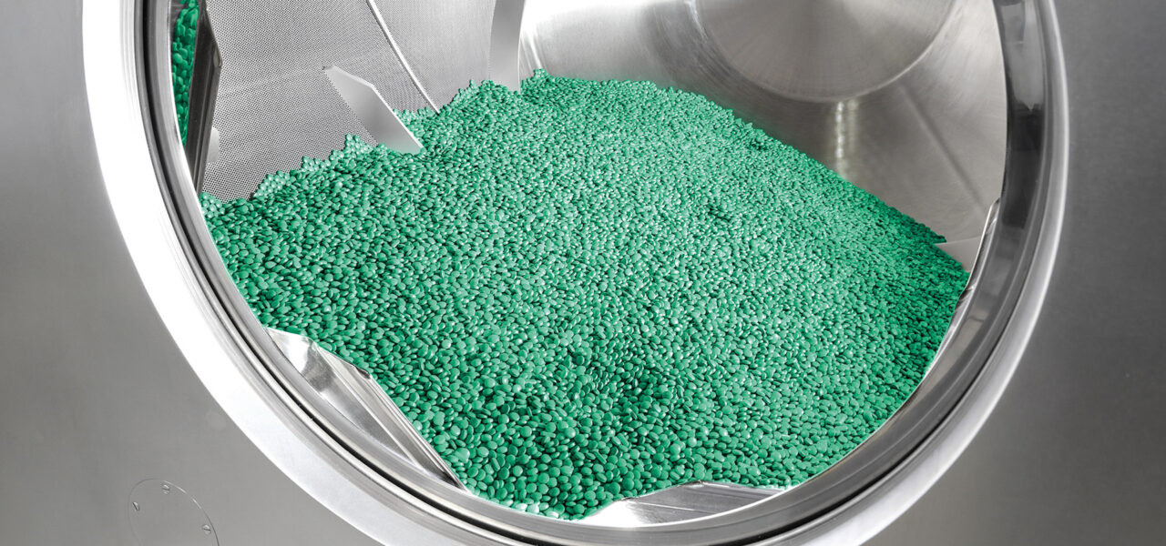 Tablets inside a coating drum, Syntegon photograph